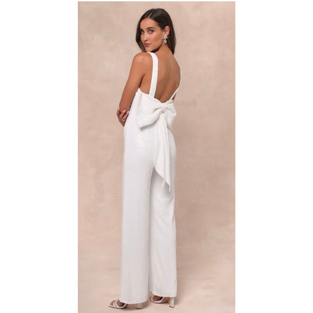 Lulu's White Back-Bow Sequin Jumpsuit